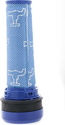 A blue and white vacuum cleaner filter is shown against a white background.