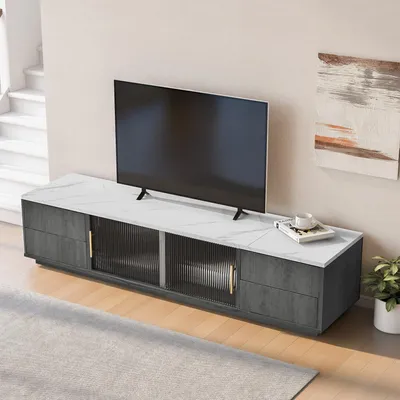 Produktbild von MODFU Lowboard TV-Schrank mit 4 Schublade und 2 Glastür, Lange 160cm Fernsehtisch Wohnzimmerschränke TV-Möbel TV-Regal für Fernseher bis zu 70 Zoll für Wohnzimmer, Esszimmer und Schlafzimmer, Grau