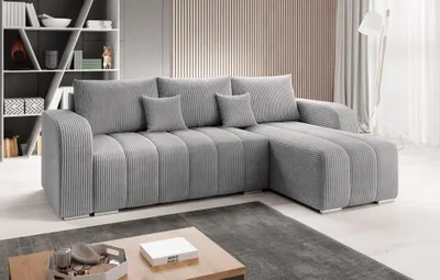 Produktbild von Easy4You Ecksofa Pufetto Grau Kord L-Form – 245x86x147 cm - Schlafsofa mit Bettkasten und Schlaffunktion - Eckcouch mit Stauraum – Stoff Kord Poso 55