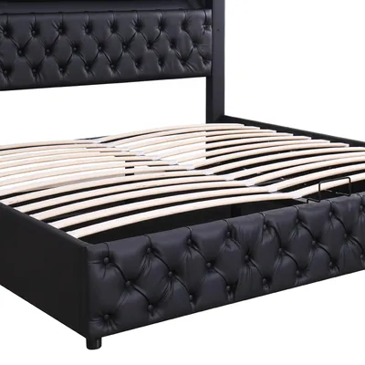 Produktbild von Merax hydraulisches Polsterbett 180x200cm mit LED-Beleuchtung, Lattenrost und Stauraum, Stauraumbett Funktionsbett Doppelbett aus Kunstleder, Schwarz
