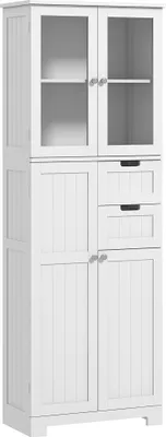 Produktbild von HOMCOM Badezimmerschrank, modernes, hohes Badezimmermöbel mit Glastüren, Schränken, Schubladen und verstellbaren Einlegeböden, geeignet für Bad, Küche und Wohnzimmer, 60 x 30 x 170 cm, Weiß