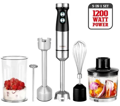 Produktbild von GASTROBACK 40972 Design Power 5-in-1 Stabmixer-Set (1.200 Watt, 21 cm Mixstab mit 4-fach Edelstahlmesser (titanbeschichtet), Emulgieraufsatz (21 cm), 20 Geschwindigkeitsstufen, Turbo-Taste, Multizerkleinerer (500 ml), Mixbehälter (700 ml), Schneebesenaufs