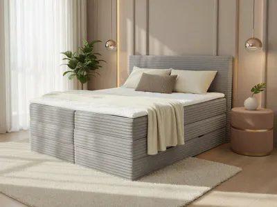 Produktbild von Boxspringbett Mollo XL mit 2 Bettkästen und Topper, mit Taschenfederkern- und Bonellfederkernmatratze, Doppelbett, Polsterbett aus Cordstoff mit Stauraum (Grau (Tilia 86), 180 x 200 cm)