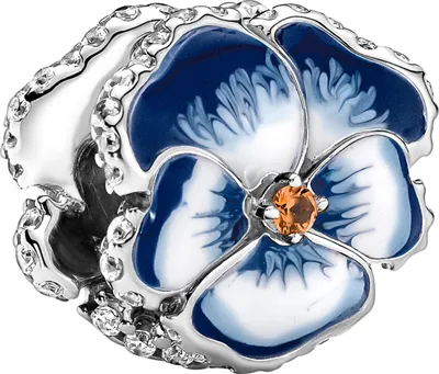 A close-up studio shot of a Pandora charm shaped like a blue and white pansy with a small orange gem in the center.