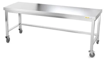 Immagine prodotto di Tavolo da lavoro in acciaio inossidabile, base da 2000 x 500 mm, con rinforzi e montato su ruote, serie PREMIUM - GOLDINOX
