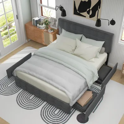 Produktbild von Polsterbett mit 4 Schubladen, Doppelbett mit Lattenrost, Stauraum Bett, höhenverstellbares Kopfteil, Metalllattenstütze, (140*200 cm, Grau)