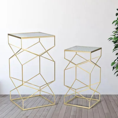 Zdjęcie produktu dla Zestaw 2 stolików ze złotego metalu i szkła 50x50x100-40x40x80 cm