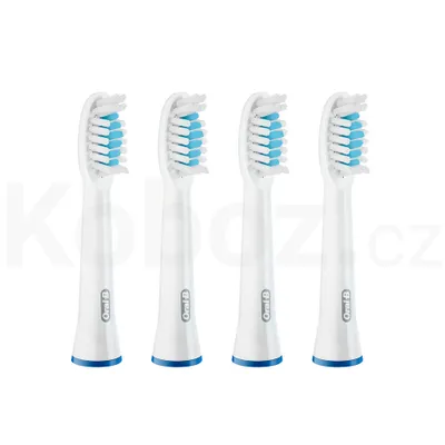 Four white Oral-B toothbrush heads with blue bristles are arranged in a row against a white background.