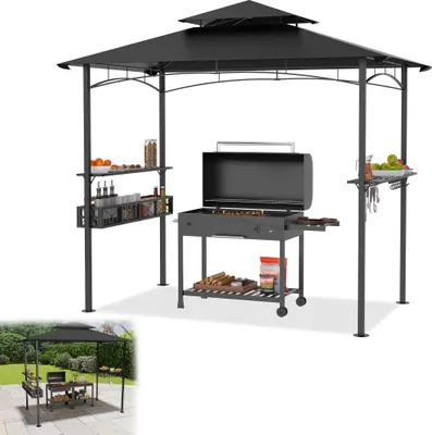 A black gazebo with a grill and shelves set up for a barbecue.