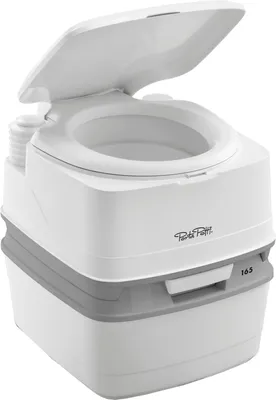 A white and gray portable toilet with the lid open.