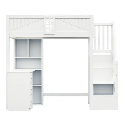 Produktbild von Flieks Etagenbett 90x200cm mit Schreibtisch und Regal, Hochbett Jugendbett mit Treppe und Schubladen, Kinderbett Einzelbett mit Schrank, Weiß