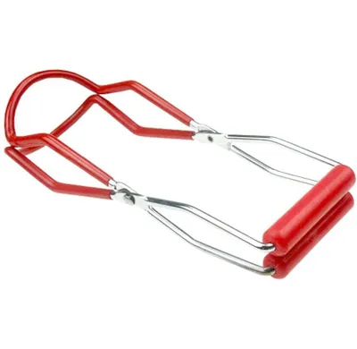 A red and silver jar lifter is shown against a white background.