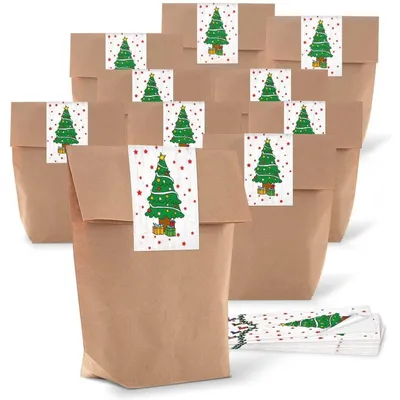 Produktbild von 10 kleine braune natur Weihnachtstüten Weihnachten Beutel Geschenktüten Papiertüten 14 x 22 x 5,6 cm + 10 Aufkleber grün weiß rot WEIHNACHTSBAUM 5 x 15 cm Verpackung give-away Kunden10 Stück