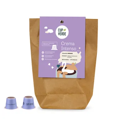 Produktbild von CUP VERDE – 30 nachhaltige Crema Intenso Kaffeekapseln - kompatibel mit Nespresso* - extra kräftig - fair gehandelt - schonend geröstet