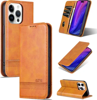 Produktbild von Leder Hülle für iPhone 15 Pro, Klapphüllen Brieftasche Magnetverschluss Ständer Schutzhülle Gelb