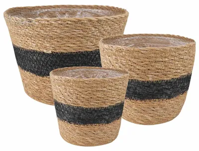 Image de vidaXL Paniers à plantes en jonc de mer, lot de 3, naturel et noir, Ø 26 x 19 cm