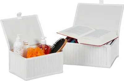 Image de Panier de rangement Relaxdays, lot de 2, 2 tailles, avec couvercle, salle de bain, chambre d'enfant, bambou et tissu, boîte de rangement, blanc