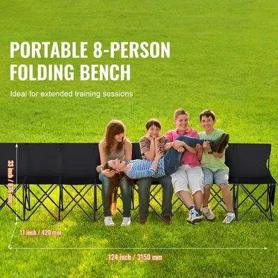 Produktbild von Klappbank 8-Sitzer mit Rückenlehne, faltbare Teambank, Campingbank, Schwarz | 315 x 83,6 x 44,2 cm | 600D Oxford | inkl. Tragetasche