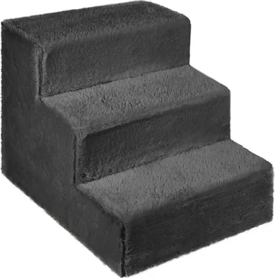Obrázek produktu pro Psí schody pro malé psy 30 cm vysoké grafitové - žebřík 3 stupně, polstrované huňatou látkou imitující srst, přenosné - plošina na pohovku