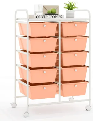 Produktbild von GOPLUS Rollwagen mit 10 Schubladen stapelbar, Rollcontainer mit Ablage & Metallgestell, Badregal, Aufbewahrungswagen, für Büro, Zuhause (Hellrosa)