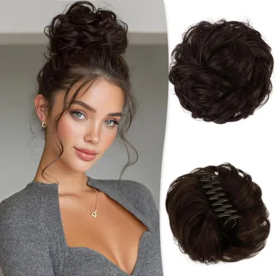 Produktbild von Echthaar Dutt mit Klammer, Messy Bun Haarteil, Locken Gewellt, Damen, Dunkelbraun mit 15% Dunklem Kakaoblond, 40 g