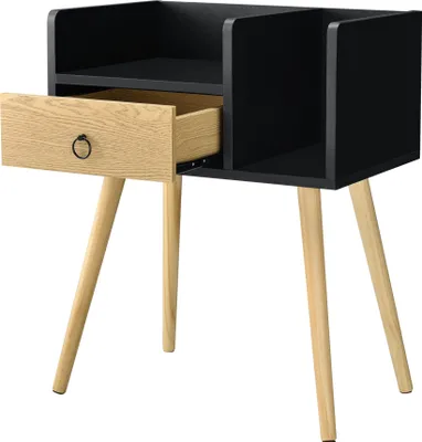 Produktbild von [en.casa] Beistelltisch mit Schublade Kommode Schwarz-Holz Nachttisch mit 2 Ablagen  64 x 50 x 36 cm Nachtschrank Retro Nachtkommode