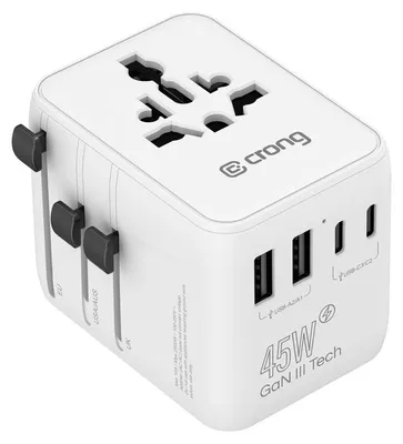 Produktbild von Crong One World Reiseadapter – Universeller GaN-Reiseadapter 45W UK/EU/US/AU (Weiß)