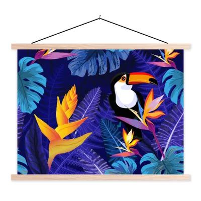 Produktbild von MuchoWow® Textilposter Dschungel - Tukan - Blumen - Pflanzen - Kinder - Lila - Tiere 60x45 cm mit holzfarbenen Rahmen - Bild