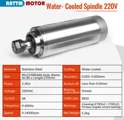 Productafbeelding van CNC Spilmotor - Watergekoeld - 2,2 kW - ER20 Spantang - 220 V - Voor Frezen En Graveren