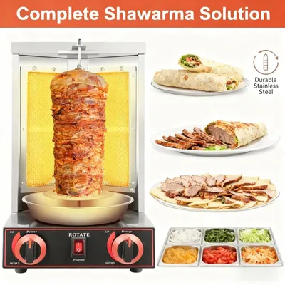 Produktbild von Shawarma Grillgerät - Gas Dönergrill vertikal - 3000 W 220 V EU Stecker - 2 Brenner - Für BBQ Shawarma Kebab Maisrolle - Silber