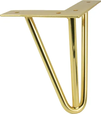 Zdjęcie produktu dla Noga meblowa Hairpin, wysokość 15 cm, 3 pręty, chromowana w kolorze złotym, solidna i nowoczesna, idealna do stolików kawowych, ław i półek.