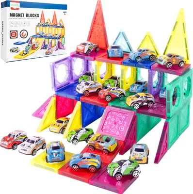 Image de Jeux magnétiques Malplay : blocs de construction 3D créatifs, jouets éducatifs, 20 voitures, toboggan, ensemble de 68 pièces, idéal comme cadeau