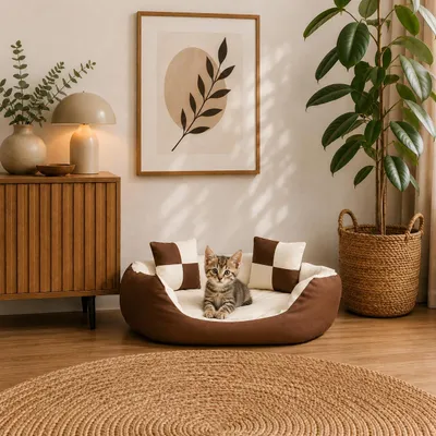 Produktbild von belviona Katzenkörbchen 4-in-1, wendbares Katzenbett mit niedrigem Einstieg, kratzfest & wasserabweisend, 65x50 cm, braun/beige, KI-generiertes Bild