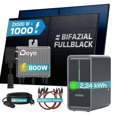 Produktbild von SUNNIVA® 1000W Balkonkraftwerk Deye mit 2,24kWh Speicher MARSTEK B2500-D, 2x500W BIFAZIAL FULLBLACK komplett Steckdose, PV Solaranlage + Solarspeicher