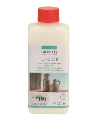 A bottle of clay sealant with a red cap, set against a white background. The label features product information and images of small ceramic pots.