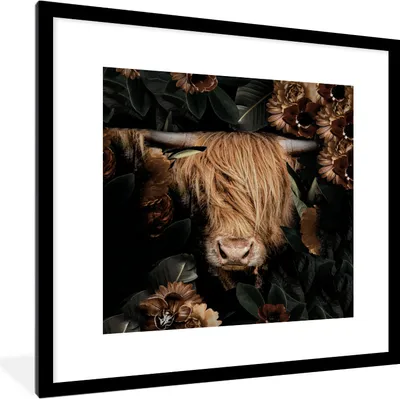 Produktbild von MuchoWow® MuchoWow® Gerahmtes Poster Schottisches Hochlandrind - Blumen - Blätter - Horn 40x40 cm - Poster mit zchwarzem Bilderrahmen - Poster - Plakat im Rahmen