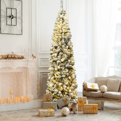 Produktbild von COSTWAY 225cm Bleistift Weihnachtsbaum mit Schnee und 350 warmweißen LED-Leuchten, künstlicher Tannenbaum mit Metallständer, Christbaum 641 Spitzen PVC Nadeln, Kunstbaum Weihnachten Klappsystem Grün