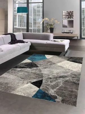 Productafbeelding van Abstract vloerkleed voor de woonkamer met een modern, marmerachtig golfpatroon in grijsblauw – gemakkelijk te onderhouden. Afmetingen: 60x110 cm