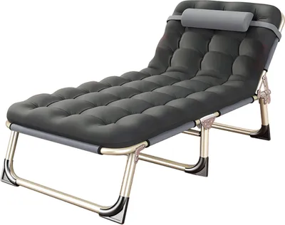 Image de Lit pliant pour une personne Chaise longue inclinable pliante pour le camping, le bureau, la pause déjeuner, l'extérieur, l'urgence, 56 tubes ronds, gris et coussin de perles épais