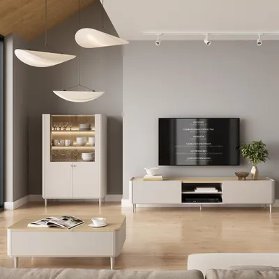 Produktbild von Wohnzimmer Set in Beige mit Eiche, mit Couchtisch, 220 cm Lowboard, Vitrine inkl. Beleuchtung, 3-teilig - ELOY-141