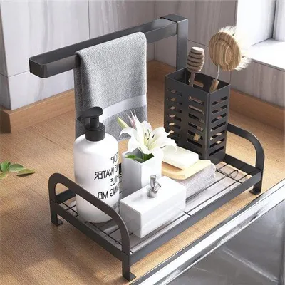 Obrázok produktu pre Organizér Caddy - Čierny držiak na kuchynský a kúpeľňový drez s odtokom - držiak na špongiu, držiak na kefky, držiak na utierky
