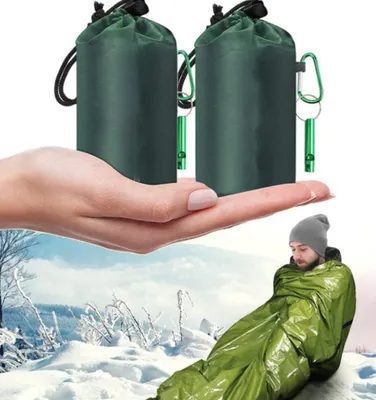 Produktbild von Notfallschlafsack - Überleben Schlafsack - 2 Stück - Outdoor-Schlafsack - 210x90CM - Notfallpfeife - für Camping und Outdoor-Wandern - Olivgrün