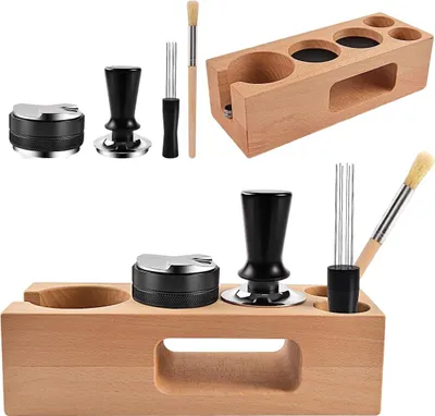 Collage of coffee-related accessories, including tampers, a distribution tool, needles, and brushes, displayed on a wooden stand.