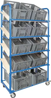 Produktbild von Schrägboden-Regalwagen mit 5 Ebenen, bestückt mit 10 Euroboxen durchbrochen 600x400x240 mm grau