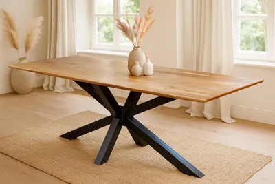 Produktbild von Refurbished Möbelretoure Esstisch 240x100cm Akazie massiv natur Schweizer Kante Spider-Gestell schwarz ABBY