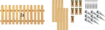 A collection of garden fence components and accessories laid out on a white background.