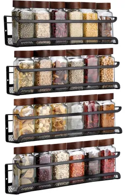 Productafbeelding van Kruidenrek, set van 4, zwart metaal, met netinzet, zonder boren, 29x7x7 cm, roestvrij