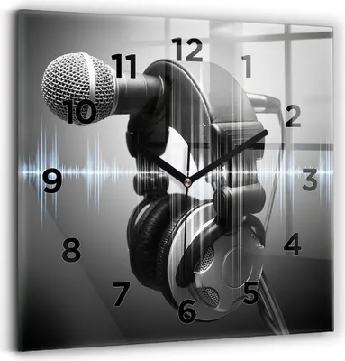 Produktbild von Wallfluent Wanduhr – Stilles Quarzuhrwerk - Uhr Dekoration Wohnzimmer Schlafzimmer Küche - Zifferblatt - schwarze Zeiger - 30x30 cm - Mikrofon und Kopfhörer