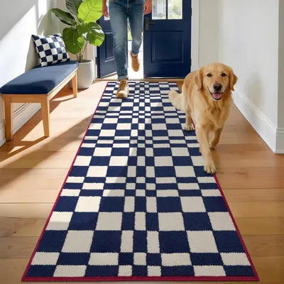 Image de Paillasson antidérapant, motif damier, bleu, 60x180 cm, lavable