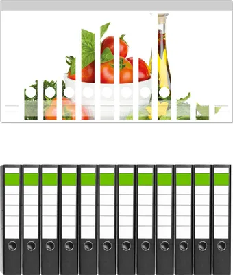 Produktbild von Wallario 12 Stück schmale Ordner inkl. Klebeetiketten mit Motive Frische Salatzutaten mit Kräuter-Öl - Tomaten, Gurke, Petersilie -  Set mit Rückenschildern / Ordnerrücken Stickern